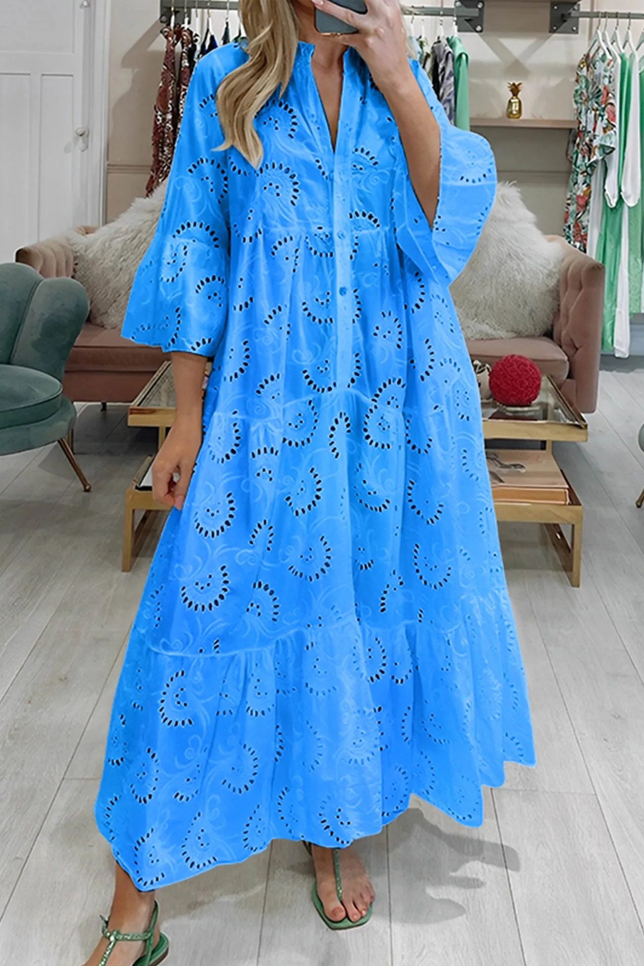 Noa™ - Cotton Dress with Embroidered Sleeves and V-Neckline
