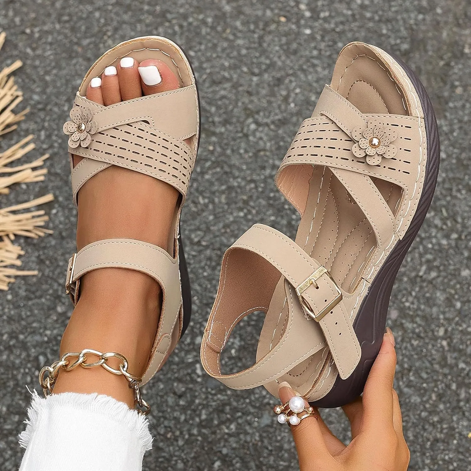 Orthopedic Wide Sandals for Women Arch Support Wedge Sandals Summer Walking Shoes Dressy Open Toe Ankle Strap Casual Sandal Low Heel Slip on Shoe Going Out Beach Shoes