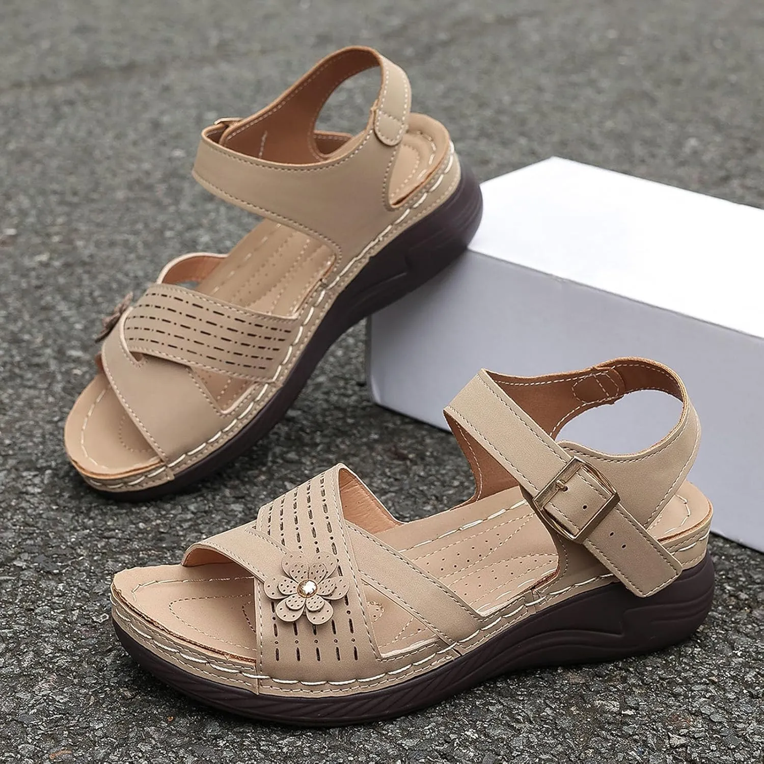 Orthopedic Wide Sandals for Women Arch Support Wedge Sandals Summer Walking Shoes Dressy Open Toe Ankle Strap Casual Sandal Low Heel Slip on Shoe Going Out Beach Shoes