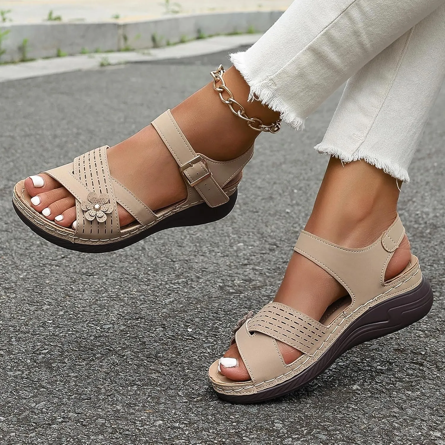Orthopedic Wide Sandals for Women Arch Support Wedge Sandals Summer Walking Shoes Dressy Open Toe Ankle Strap Casual Sandal Low Heel Slip on Shoe Going Out Beach Shoes