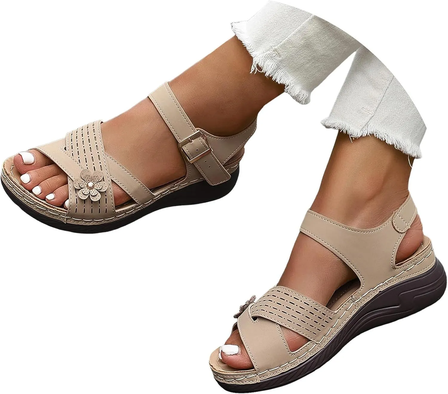 Orthopedic Wide Sandals for Women Arch Support Wedge Sandals Summer Walking Shoes Dressy Open Toe Ankle Strap Casual Sandal Low Heel Slip on Shoe Going Out Beach Shoes