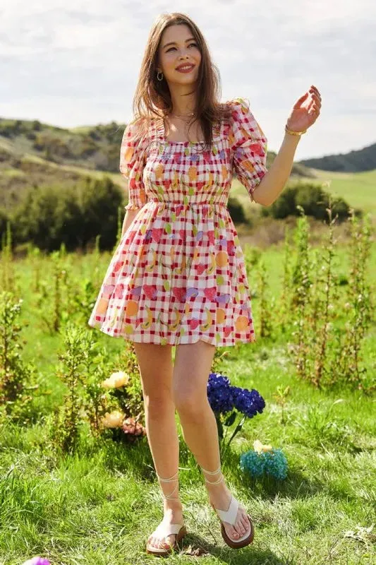 Red Gingham Fruit Print Smocked Mini Dress – Playful Puff Sleeve Style