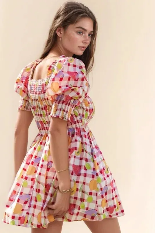 Red Gingham Fruit Print Smocked Mini Dress – Playful Puff Sleeve Style