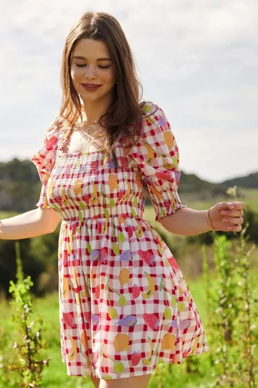 Red Gingham Fruit Print Smocked Mini Dress – Playful Puff Sleeve Style