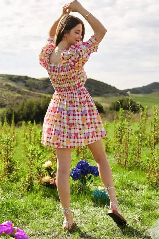 Red Gingham Fruit Print Smocked Mini Dress – Playful Puff Sleeve Style