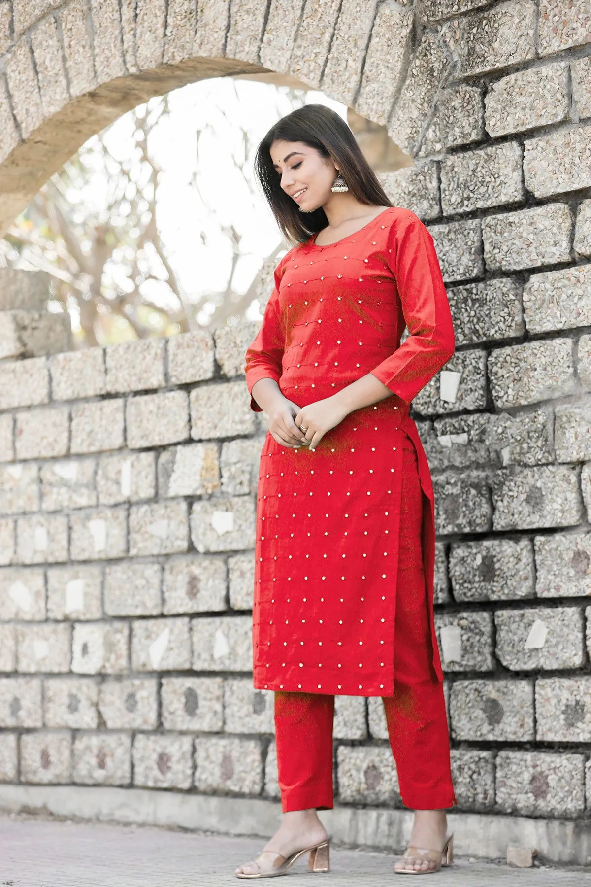 Red Solid Mirror Embellished Kurta Pant Set (pack of 2)