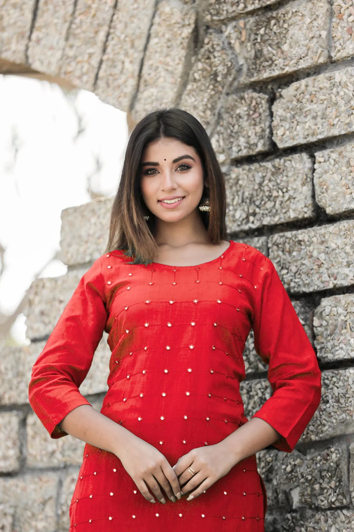 Red Solid Mirror Embellished Kurta Pant Set (pack of 2)