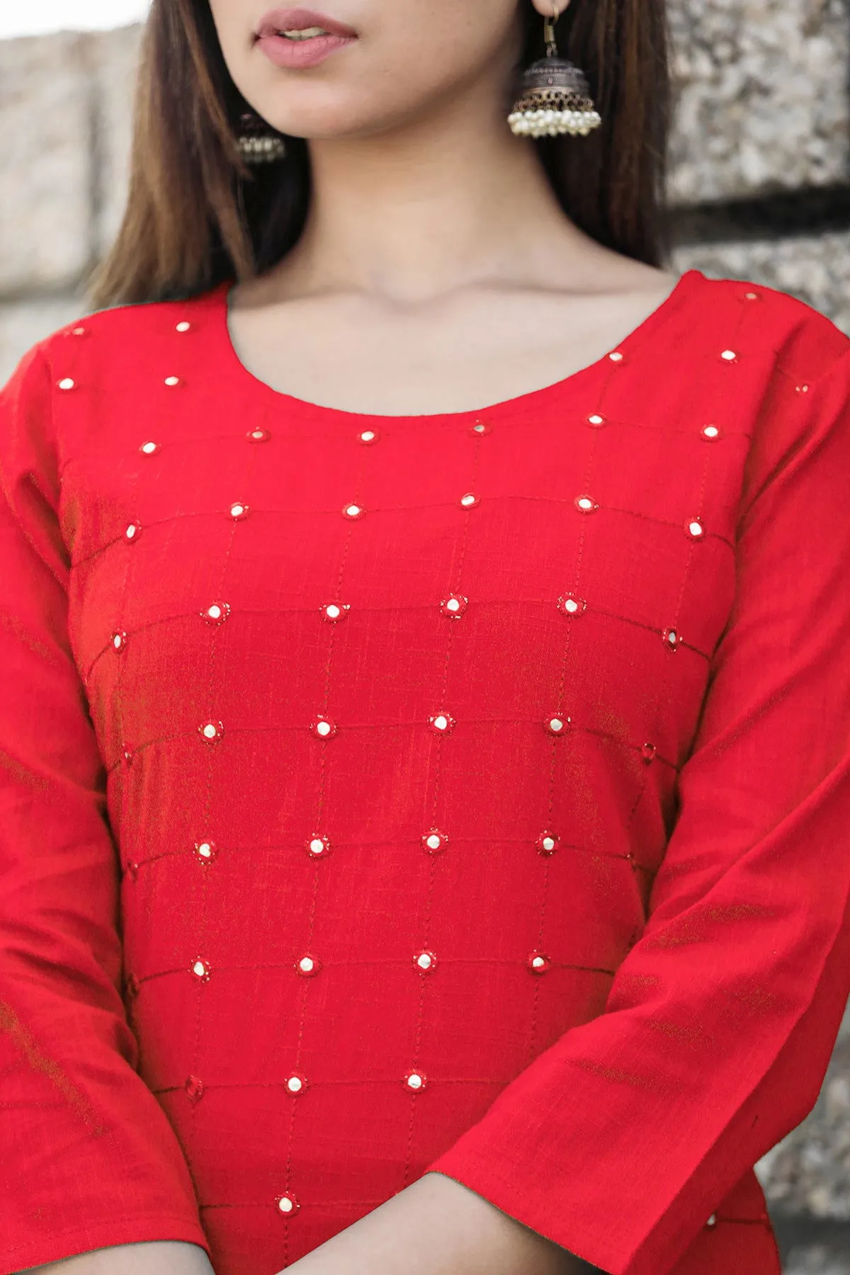 Red Solid Mirror Embellished Kurta Pant Set (pack of 2)