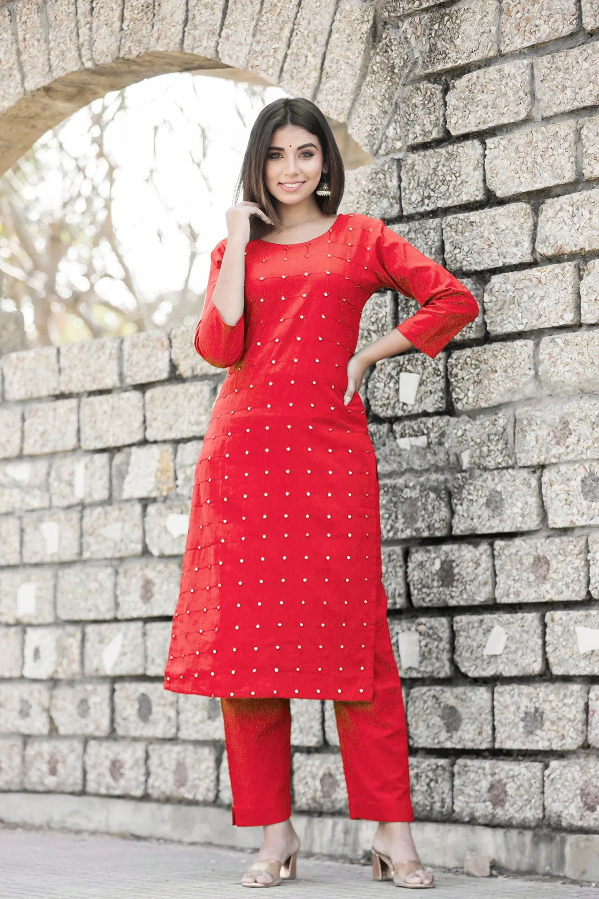 Red Solid Mirror Embellished Kurta Pant Set (pack of 2)
