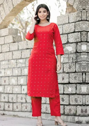 Red Solid Mirror Embellished Kurta Pant Set (pack of 2)