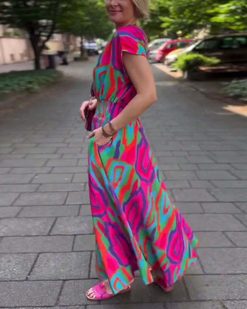 Roxana™ - Colorful print maxi dress with V-neckline and raglan sleeves