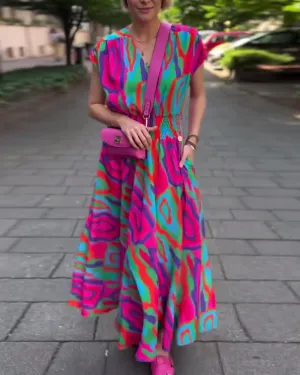 Roxana™ - Colorful print maxi dress with V-neckline and raglan sleeves