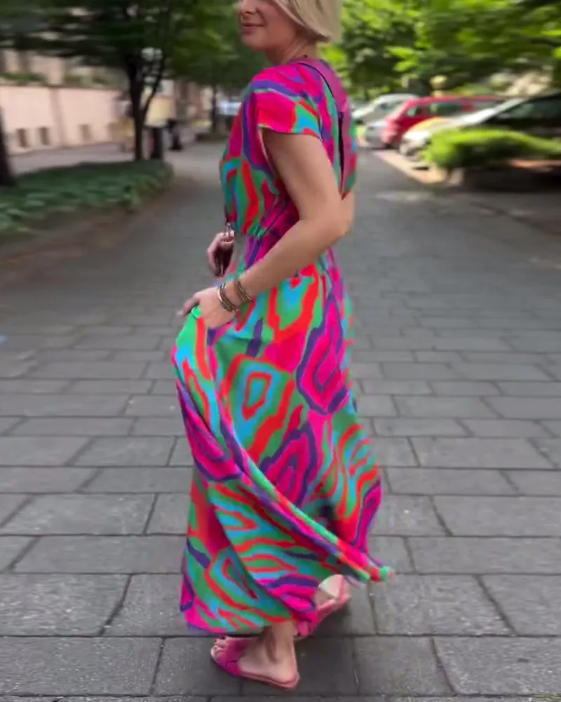 Roxana™ - Colorful print maxi dress with V-neckline and raglan sleeves