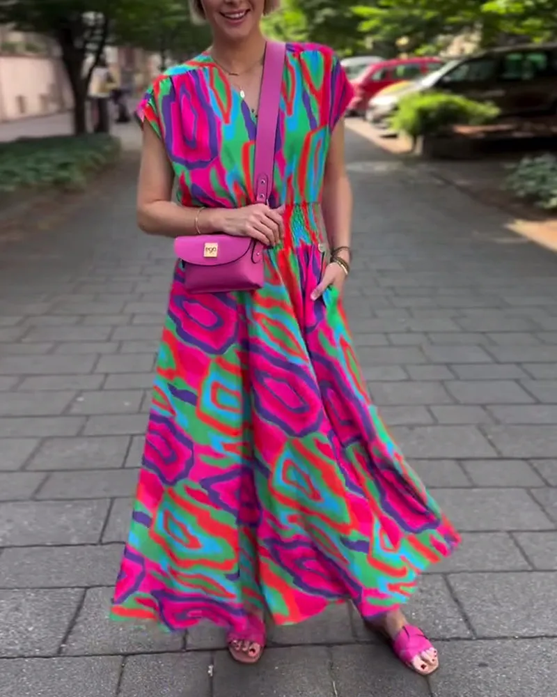 Roxana™ - Colorful print maxi dress with V-neckline and raglan sleeves