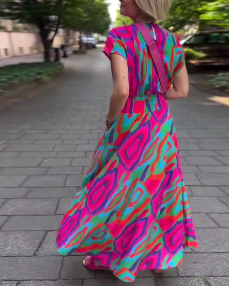 Roxana™ - Colorful print maxi dress with V-neckline and raglan sleeves