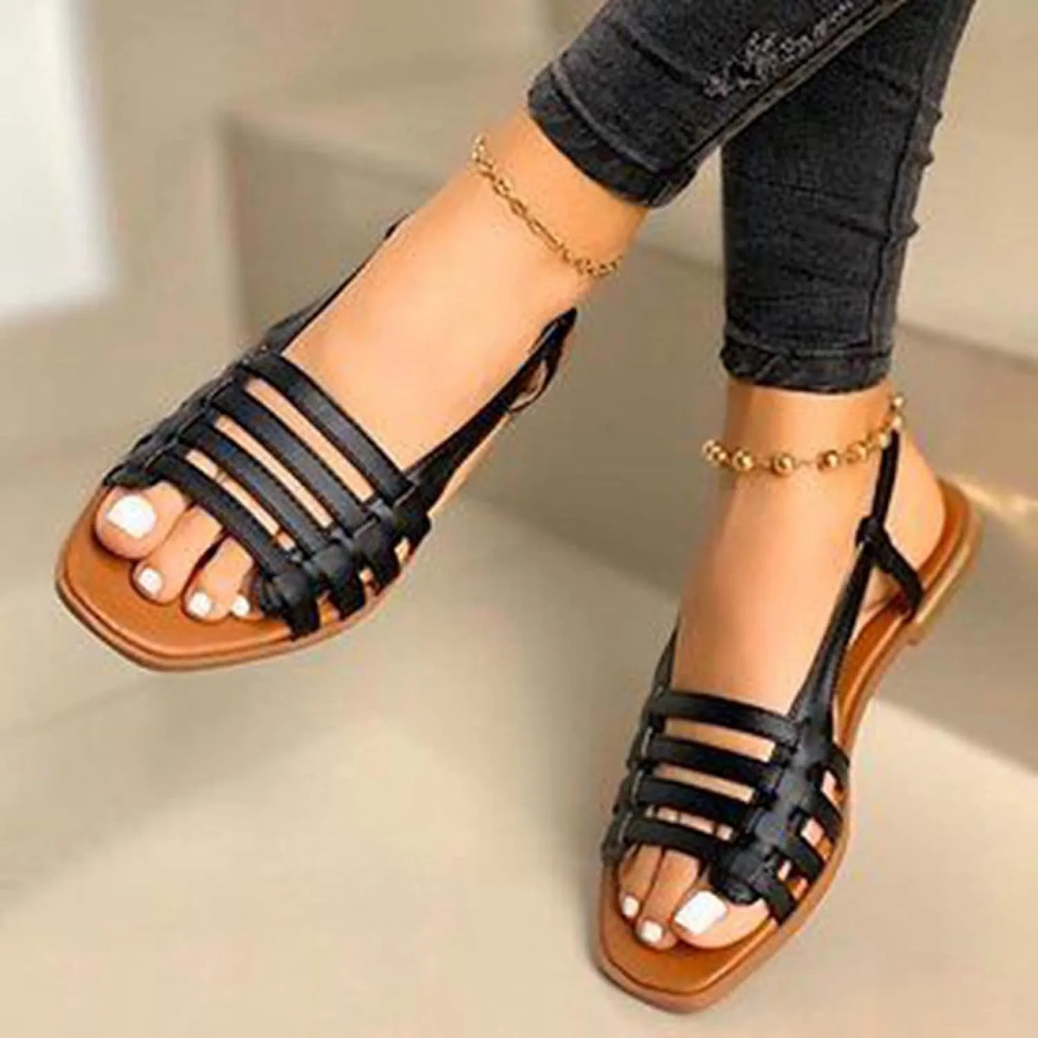 Sandals Women Dressy Summer Flat Retro Anti-Slip Orthopedic Sandals Breathable Pluse Size Summer Beach Sandals