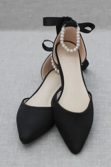 Satin Pointy Toe Flats with Satin Ankle Tie or Ballerina Lace Up