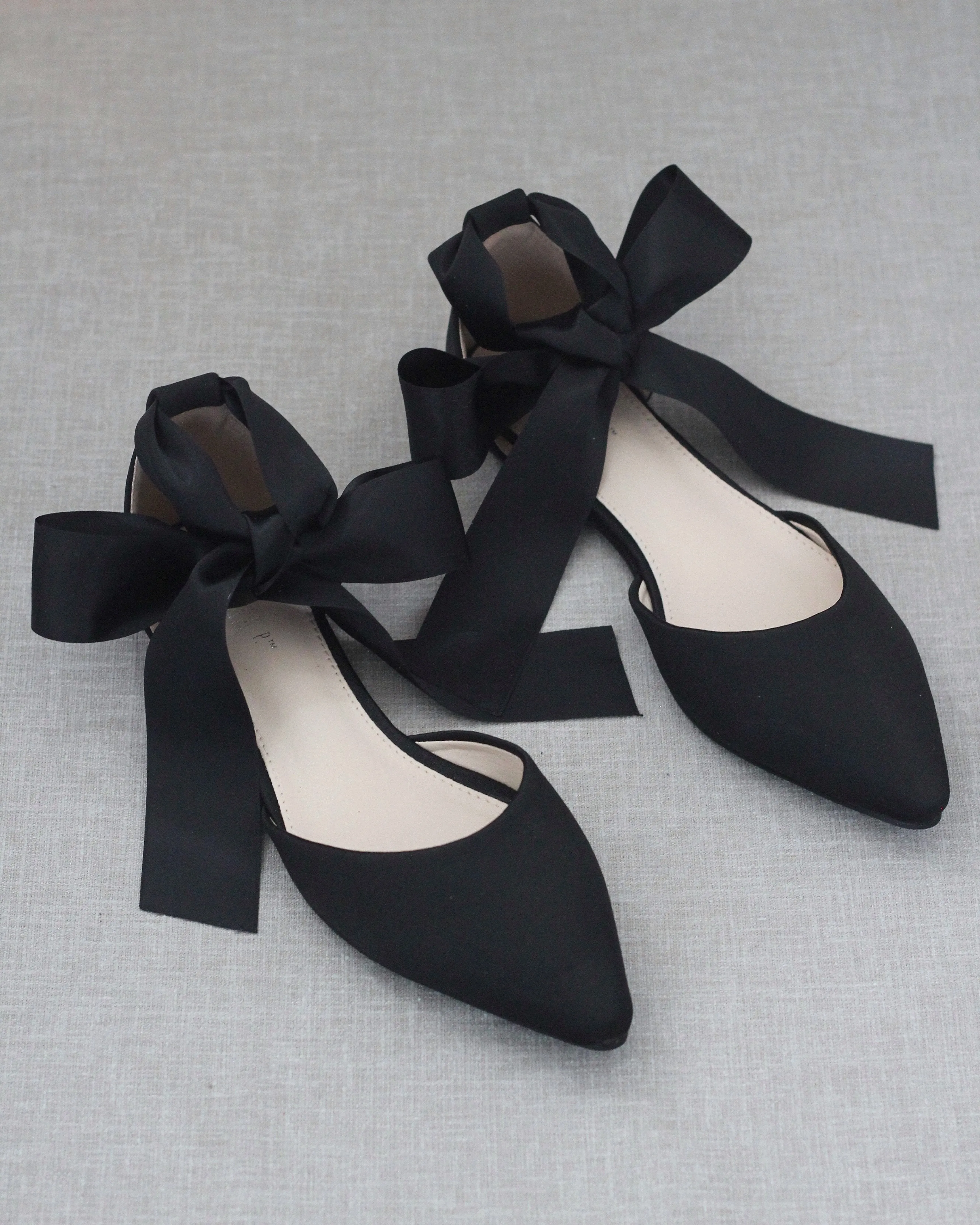 Satin Pointy Toe Flats with Satin Ankle Tie or Ballerina Lace Up
