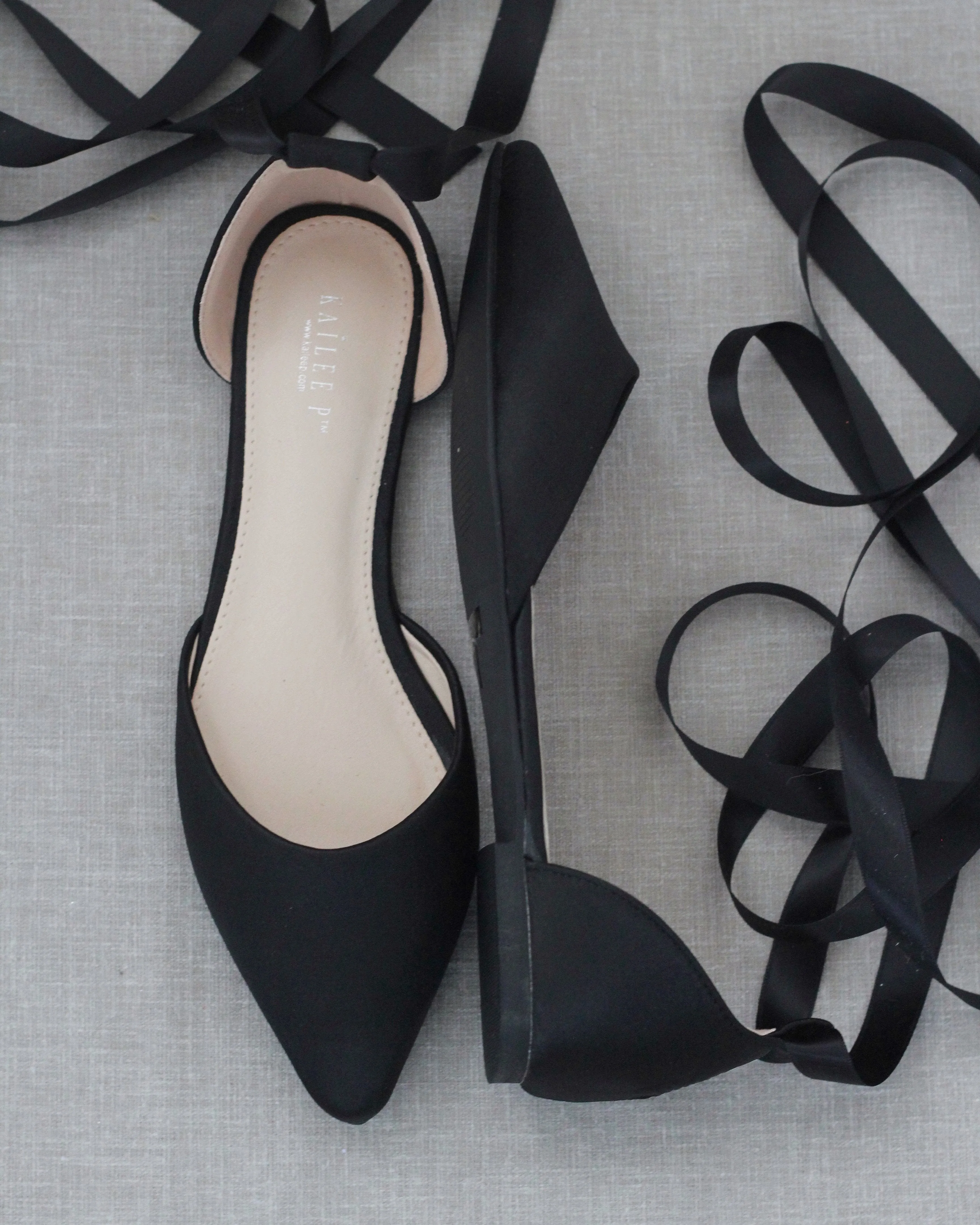 Satin Pointy Toe Flats with Satin Ankle Tie or Ballerina Lace Up