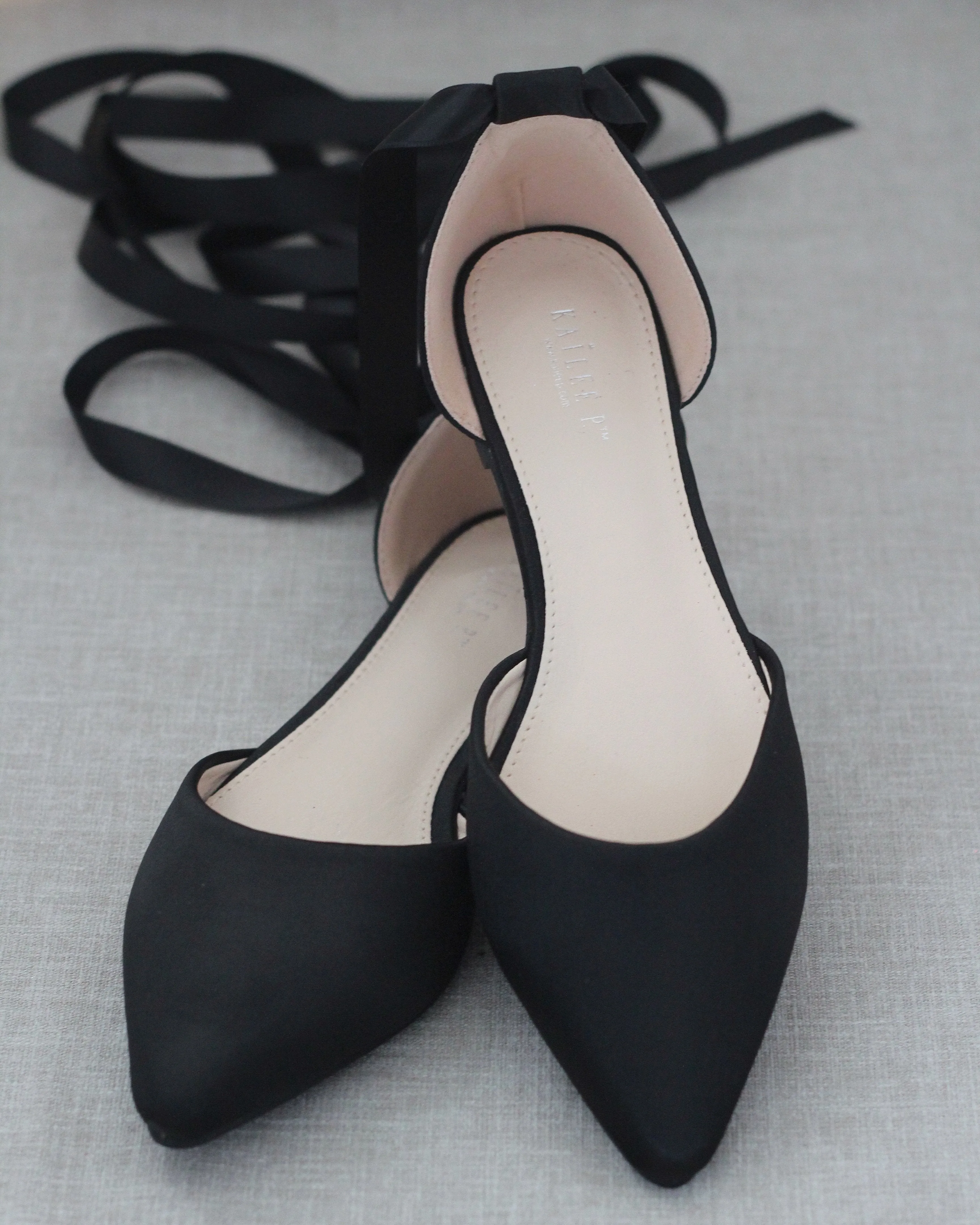 Satin Pointy Toe Flats with Satin Ankle Tie or Ballerina Lace Up