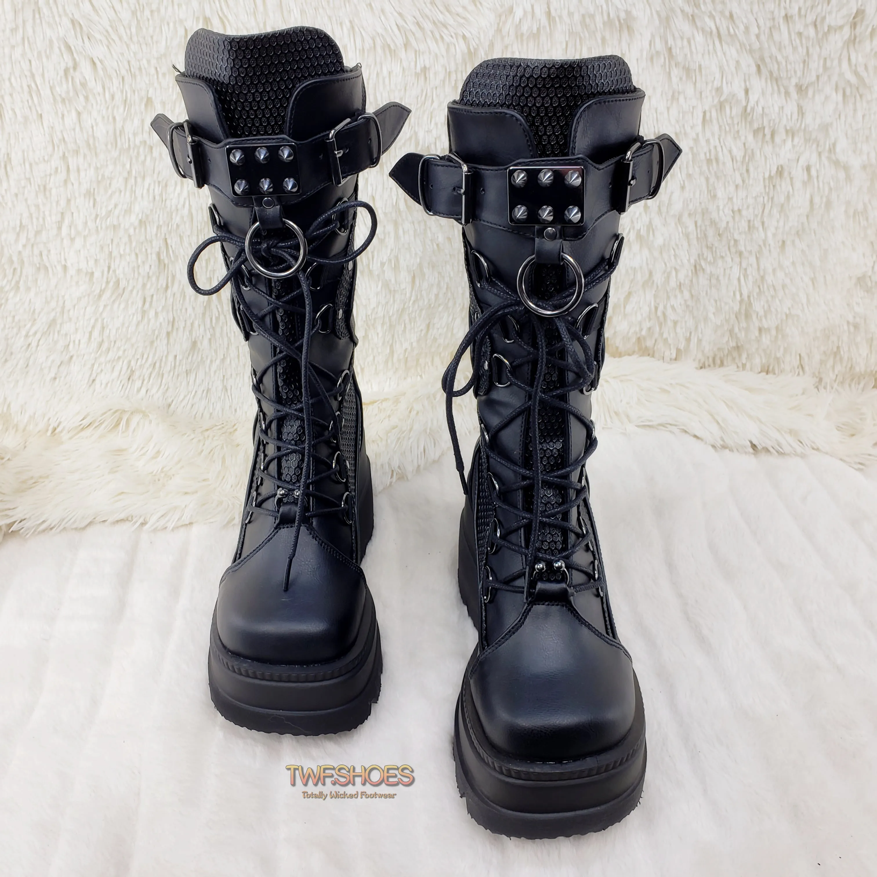 Shaker 70 Black Platform 4.5" Wedge Mid Calf Goth Punk Rave Boots NY