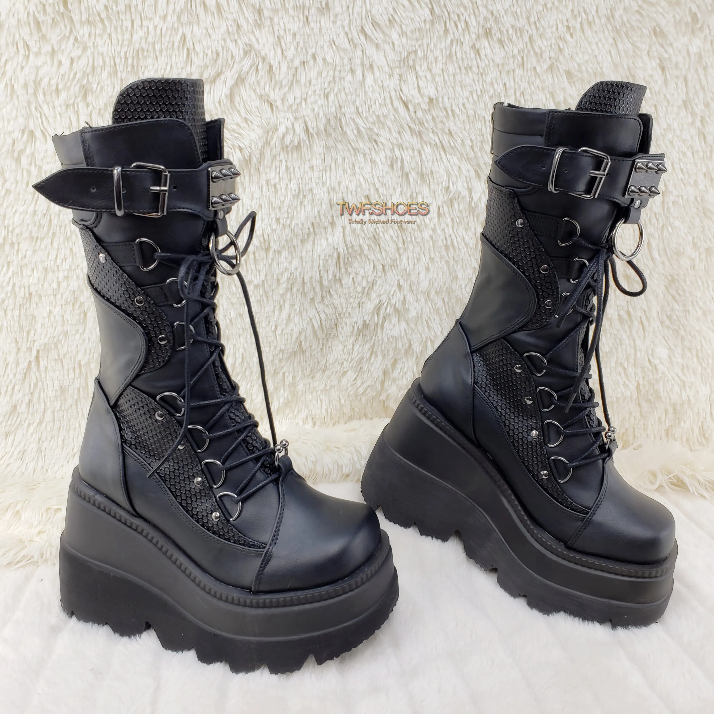 Shaker 70 Black Platform 4.5" Wedge Mid Calf Goth Punk Rave Boots NY