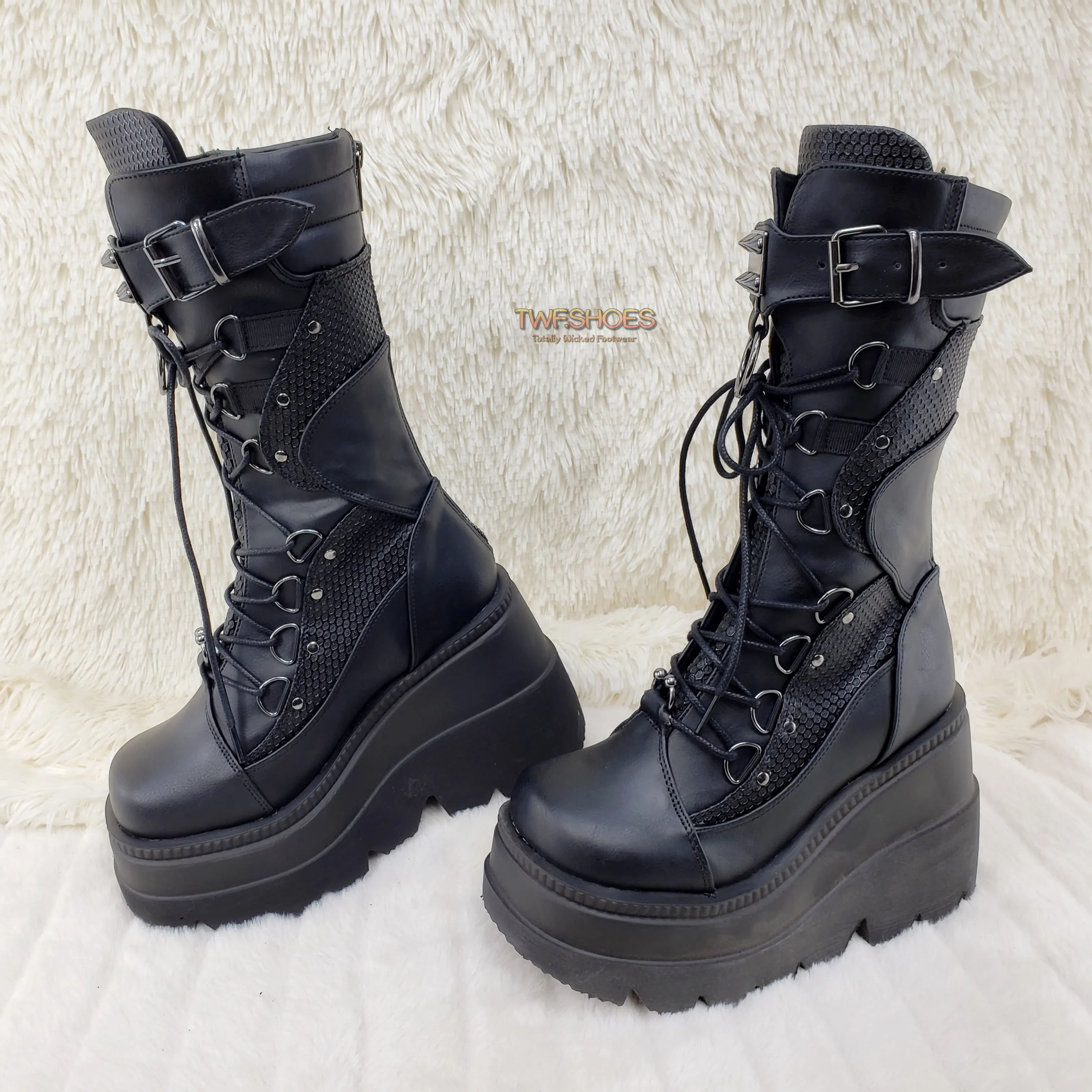 Shaker 70 Black Platform 4.5" Wedge Mid Calf Goth Punk Rave Boots NY