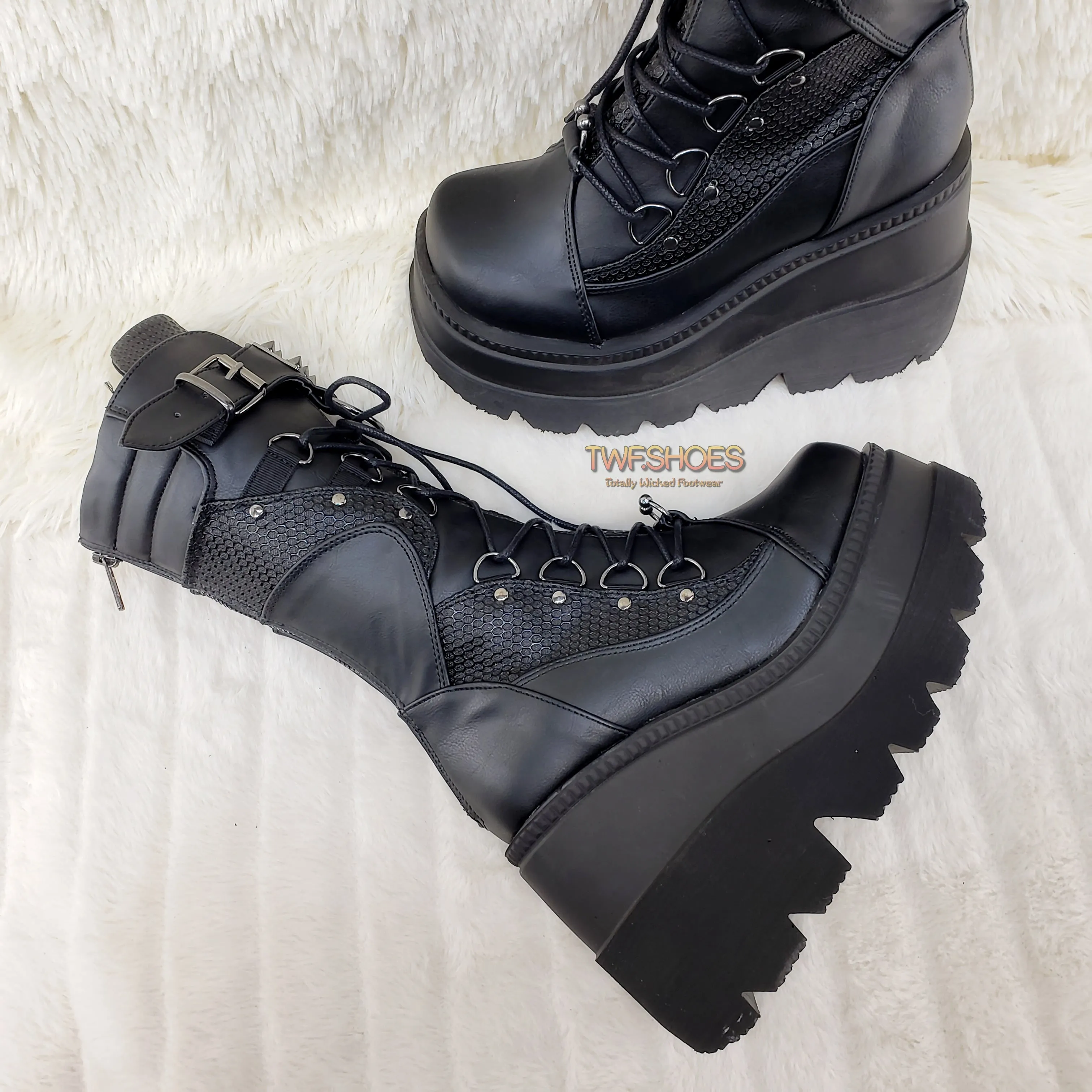 Shaker 70 Black Platform 4.5" Wedge Mid Calf Goth Punk Rave Boots NY
