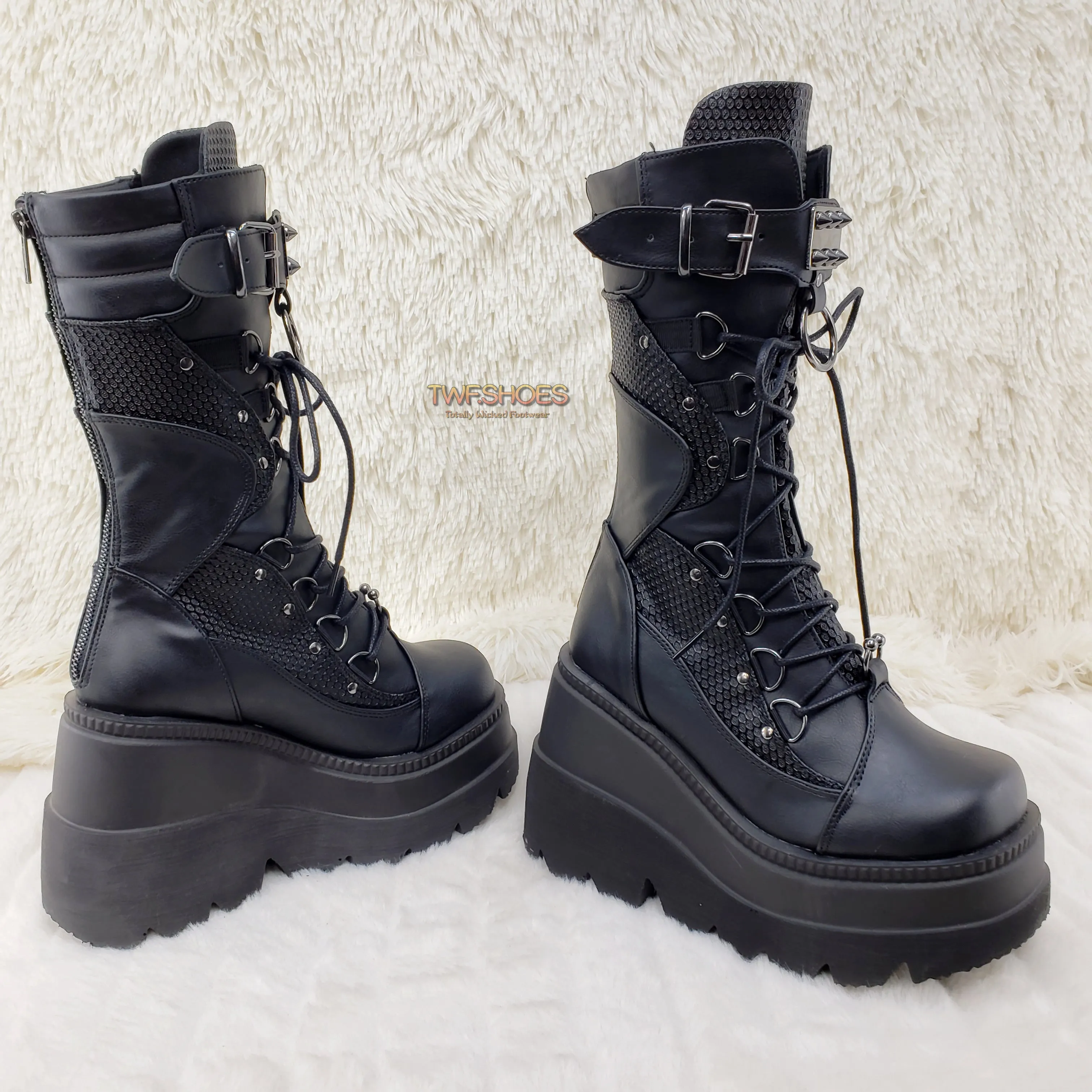 Shaker 70 Black Platform 4.5" Wedge Mid Calf Goth Punk Rave Boots NY
