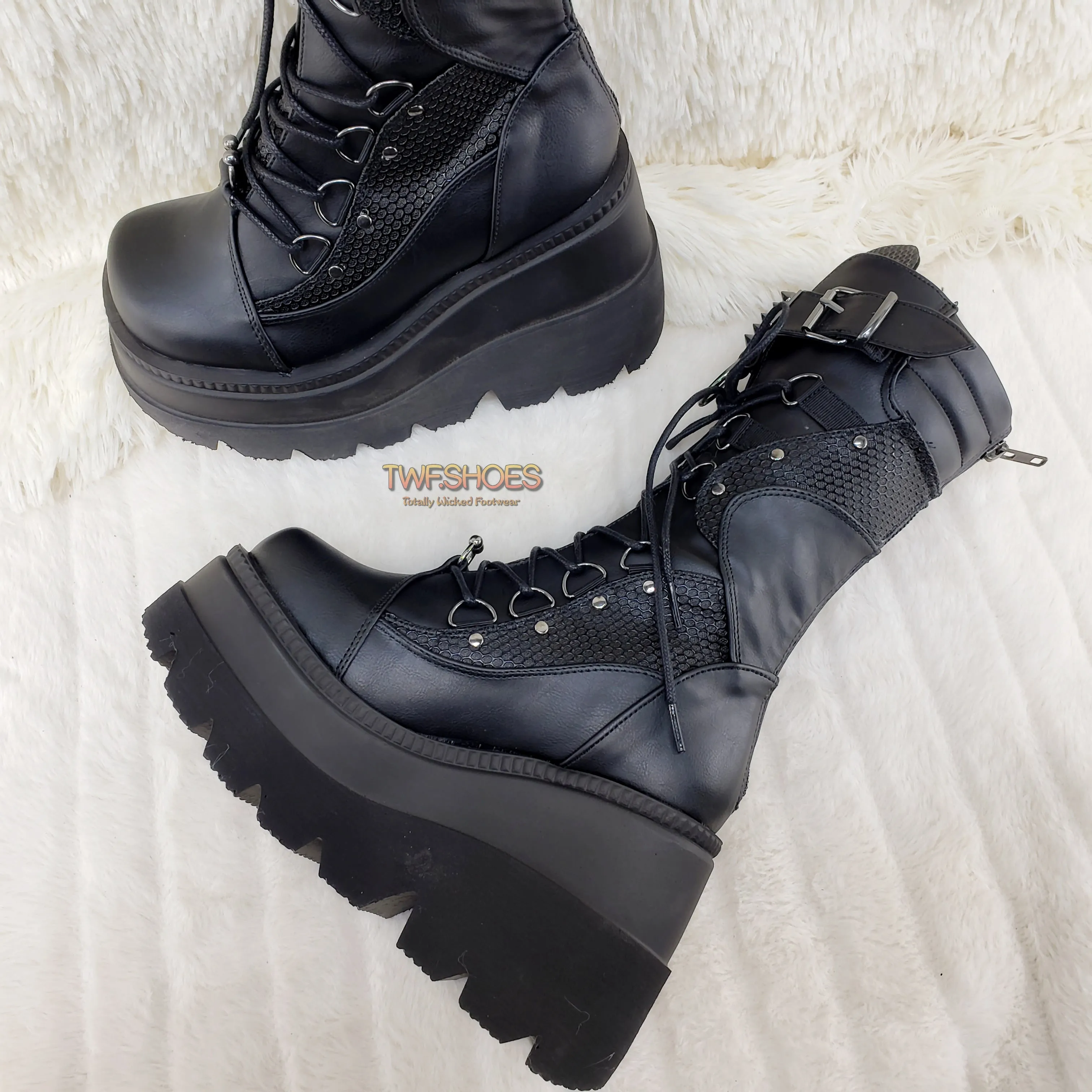 Shaker 70 Black Platform 4.5" Wedge Mid Calf Goth Punk Rave Boots NY