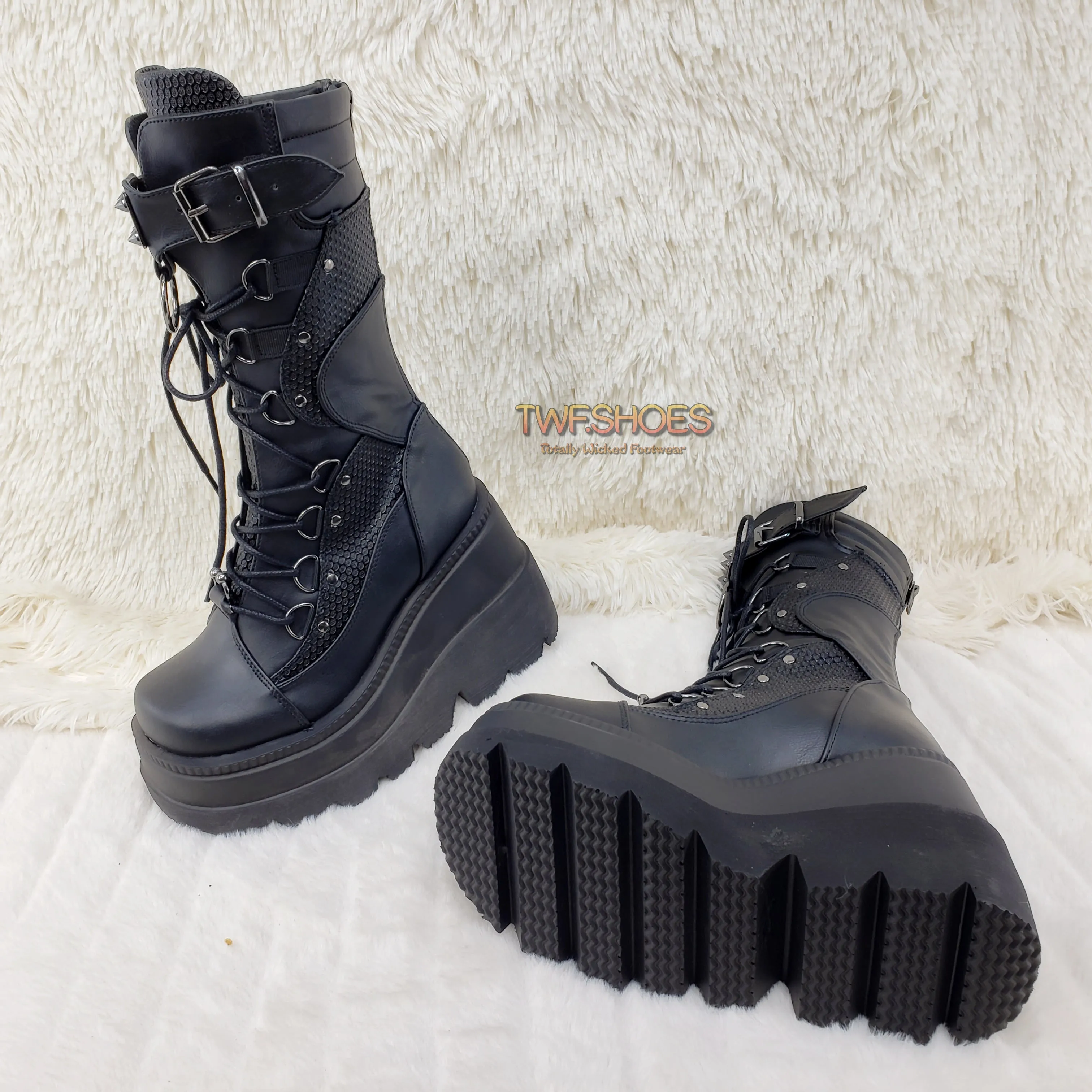 Shaker 70 Black Platform 4.5" Wedge Mid Calf Goth Punk Rave Boots NY