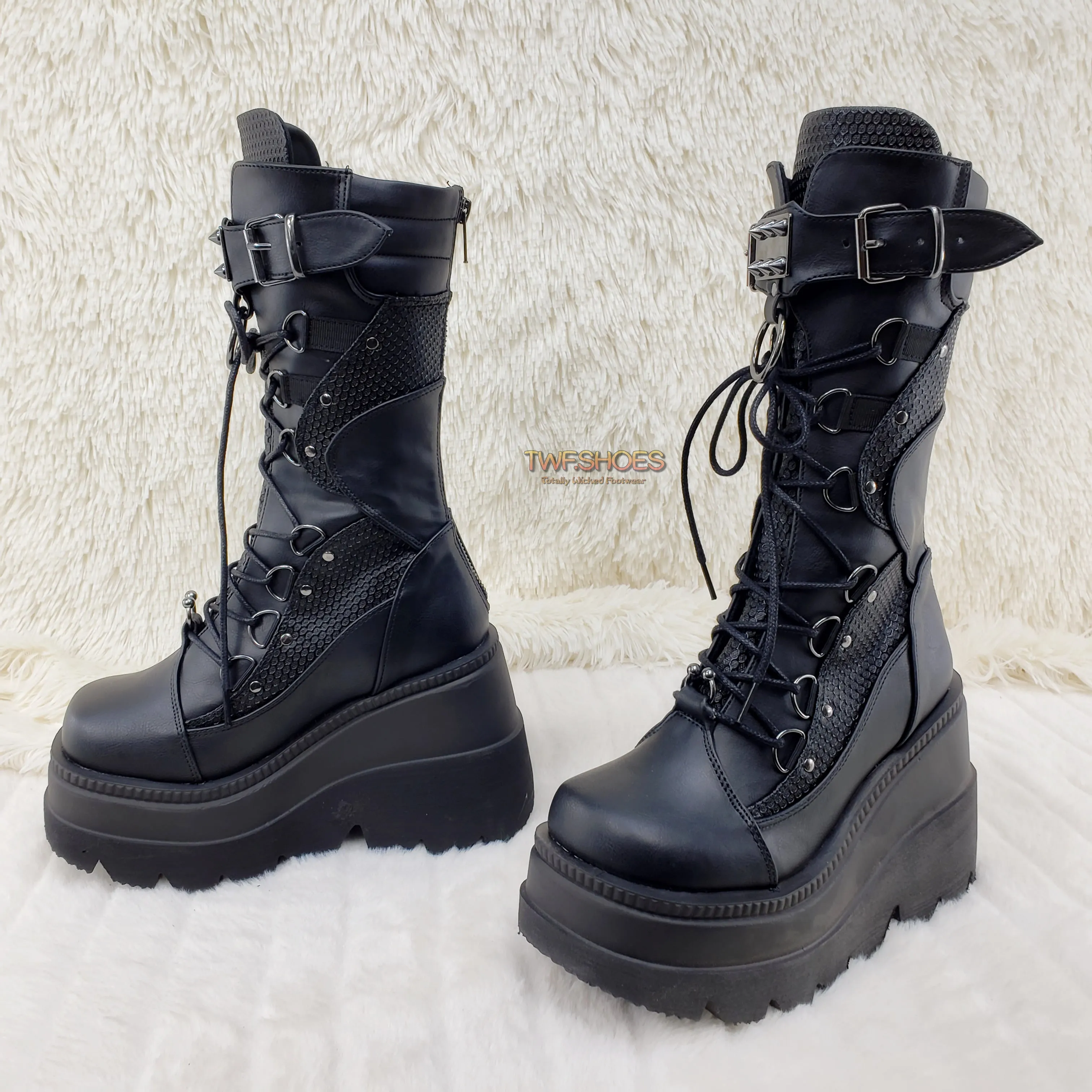 Shaker 70 Black Platform 4.5" Wedge Mid Calf Goth Punk Rave Boots NY