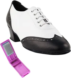 Very Fine Dance Shoes - Ladies Practice, Cuban Low Heel, Waltz Ballroom Dance Shoes - 2008-1.5-inch Heel and Foldable Brush Bundle - Black Leather - White Leather - 7