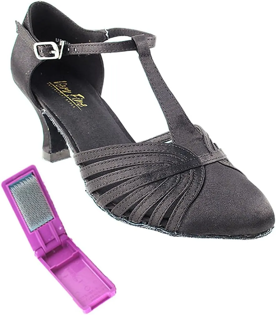 Very Fine Dance Shoes - Ladies Standard, Smooth, Waltz Ballroom Dance Shoes - 6829-2.5-inch Heel and Foldable Brush Bundle - Black Satin - 9.5