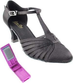 Very Fine Dance Shoes - Ladies Standard, Smooth, Waltz Ballroom Dance Shoes - 6829-2.5-inch Heel and Foldable Brush Bundle - Black Satin - 9.5