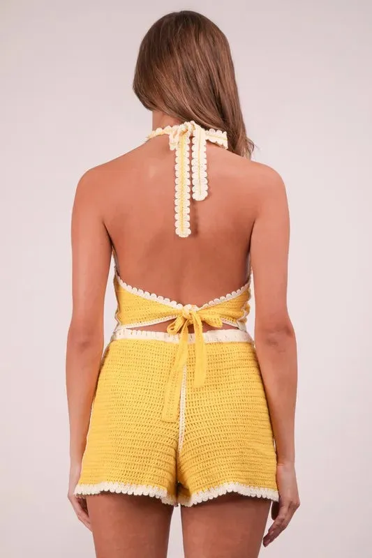 VERY J Floral Crochet Top and Shorts  In yellow