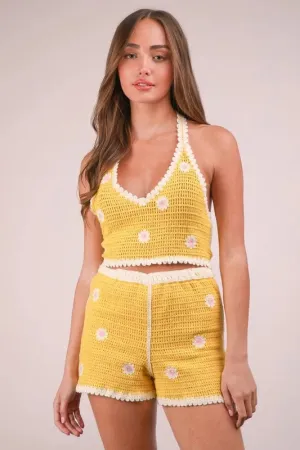 VERY J Floral Crochet Top and Shorts  In yellow