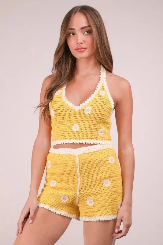 VERY J Floral Crochet Top and Shorts  In yellow