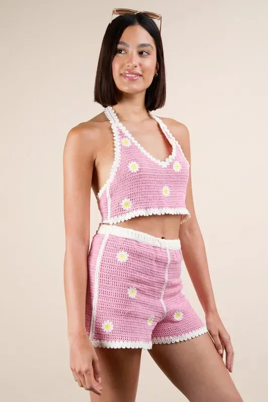 VERY J Floral Crochet Top and Shorts Set In Pink
