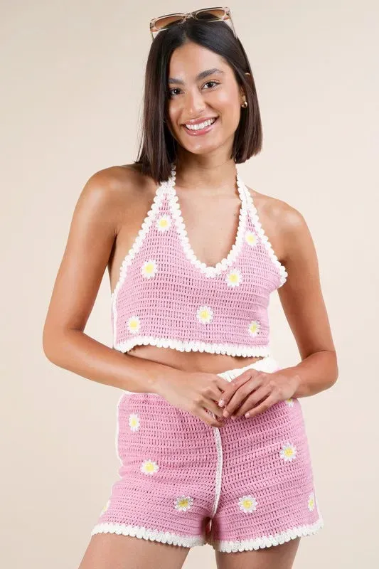 VERY J Floral Crochet Top and Shorts Set In Pink