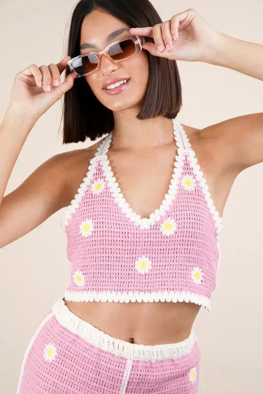 VERY J Floral Crochet Top and Shorts Set In Pink