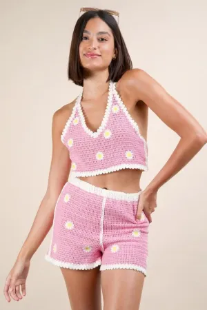 VERY J Floral Crochet Top and Shorts Set In Pink