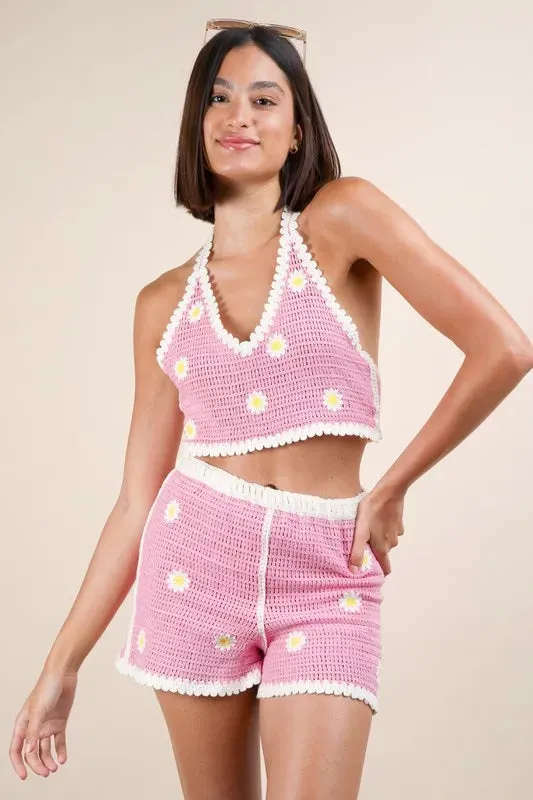 VERY J Floral Crochet Top and Shorts Set In Pink