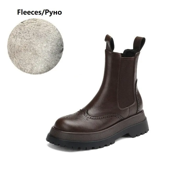 Wenkouban Autumn Shoes    Autumn Women Shoes Round Toe Platform Boots for Women Split Leather Brogues Winter Thick Heel Ankle Boots Black Motorcycle Boots