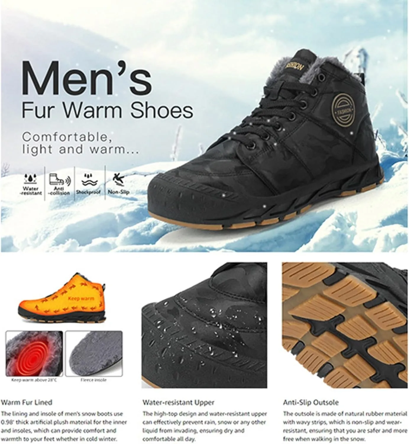 Winter Hiking Boots Men,Casual Lightweight Soft Cold-Weather Snow Boots for Men,Comfortable Waterproof Warm Fur Lined Boots,Slip Resistant