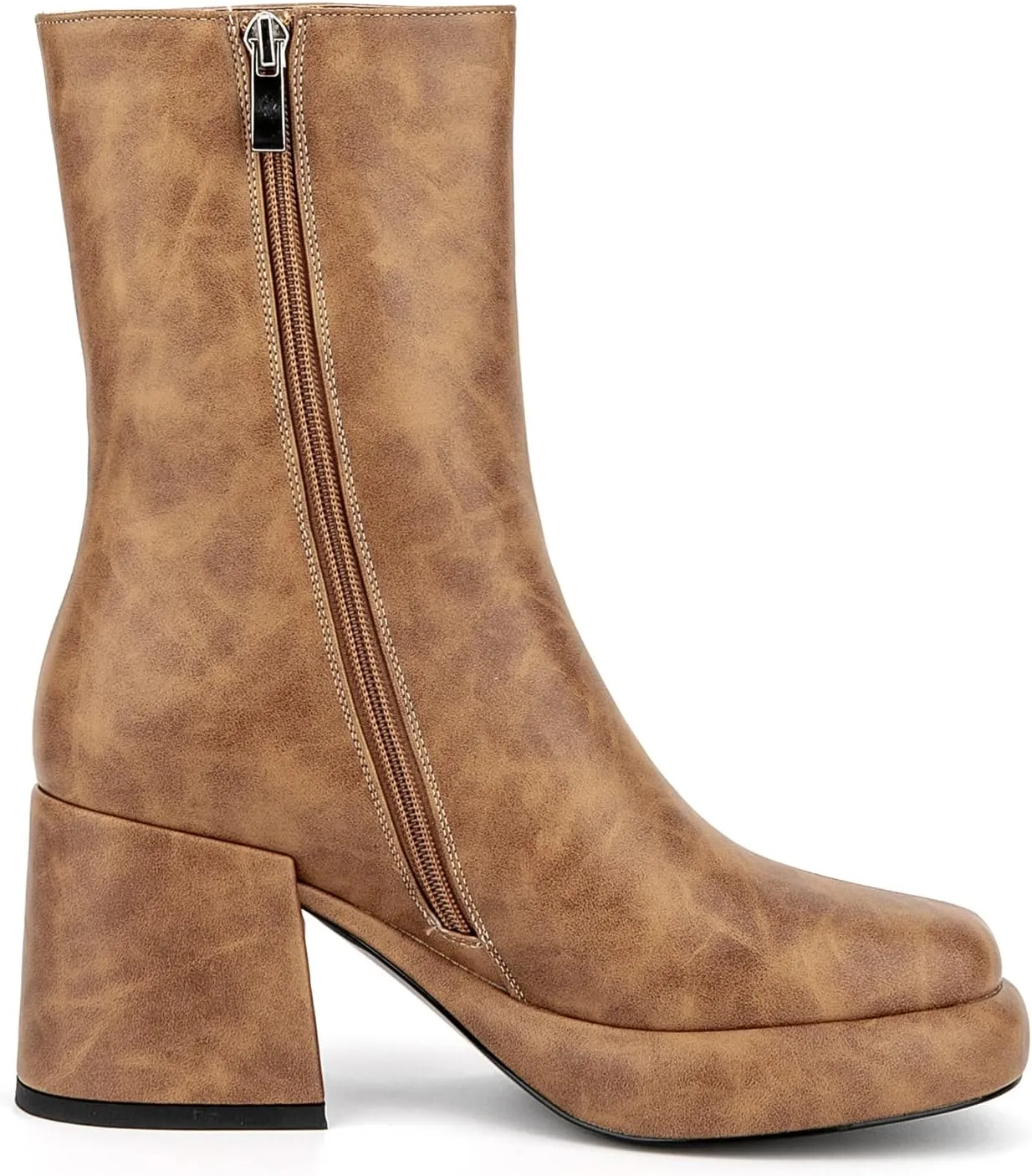 Women Casual Round Toe Platform Mid Calf Boot Vegan Leather Suede Block High Heel Zipper Boots