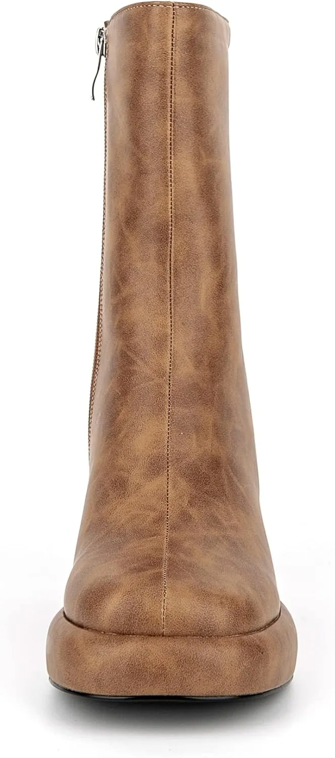 Women Casual Round Toe Platform Mid Calf Boot Vegan Leather Suede Block High Heel Zipper Boots