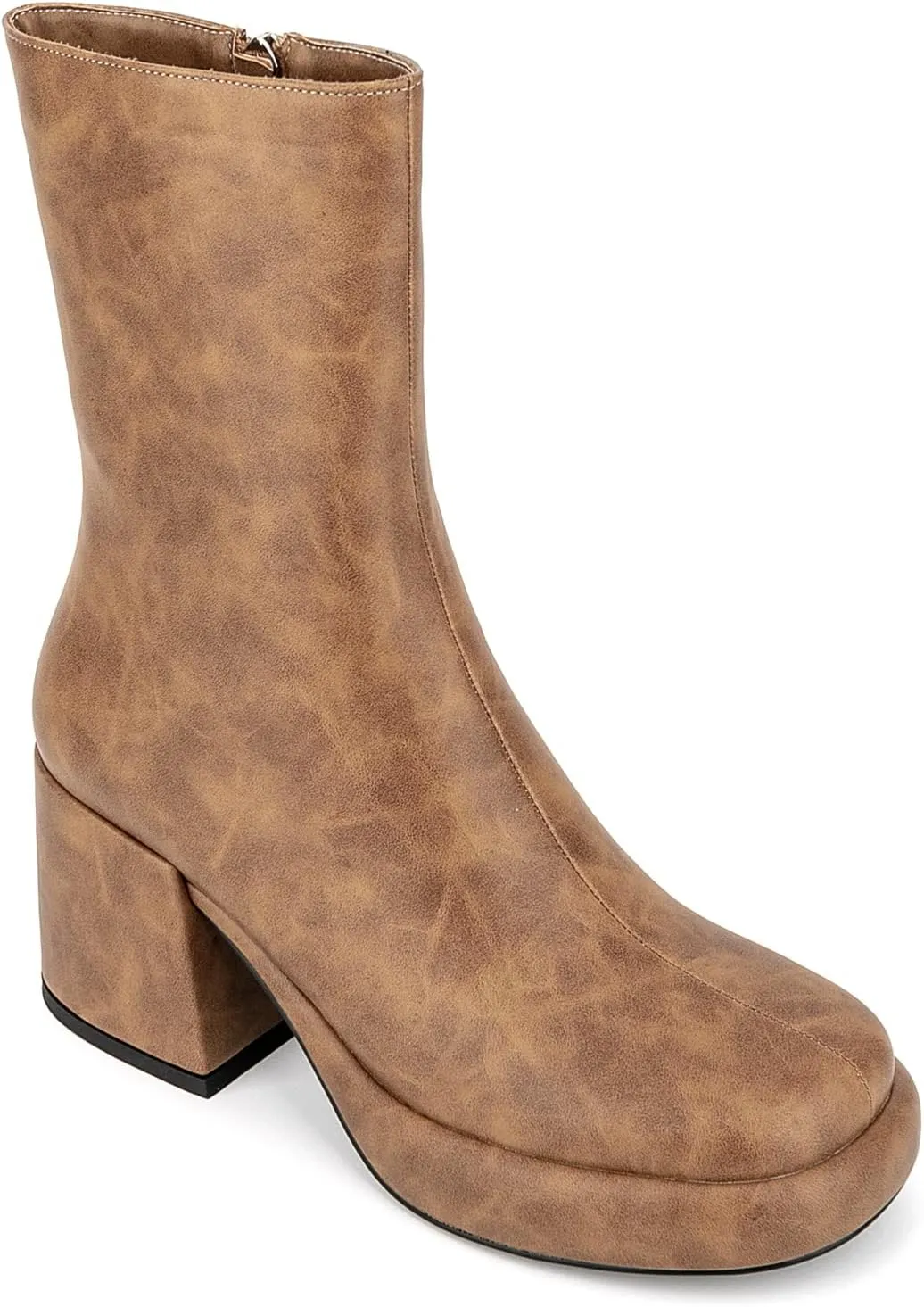 Women Casual Round Toe Platform Mid Calf Boot Vegan Leather Suede Block High Heel Zipper Boots