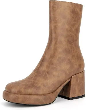 Women Casual Round Toe Platform Mid Calf Boot Vegan Leather Suede Block High Heel Zipper Boots