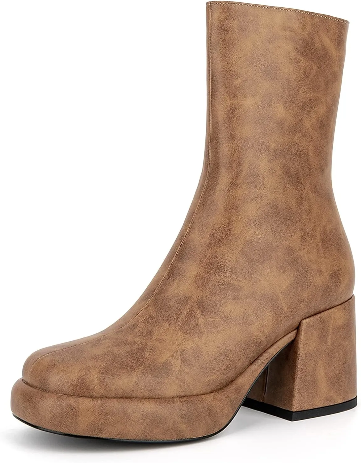 Women Casual Round Toe Platform Mid Calf Boot Vegan Leather Suede Block High Heel Zipper Boots